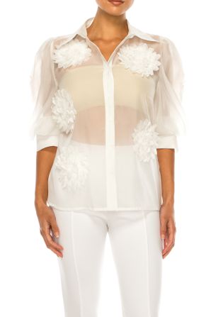 Vivid Floral Applique Puff Sleeve Button Down Top