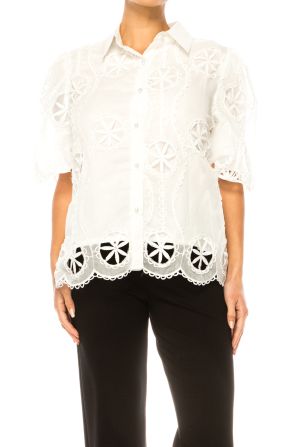 Vivid Puff Sleeve Embroidered Flower Cutout Shirt