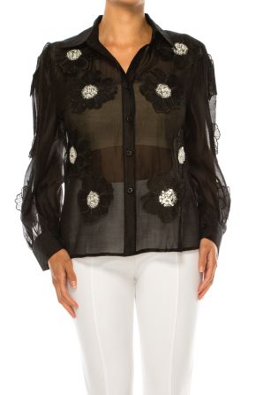 Vivid Floral Embellished Applique Button Down Top