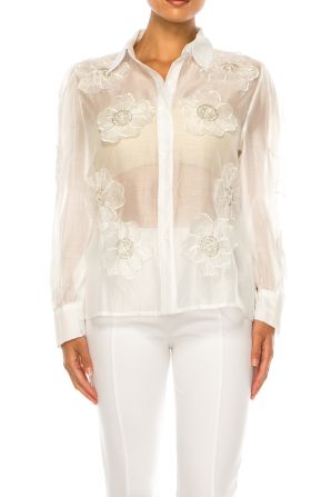 Vivid Floral Embellished Applique Button Down Top