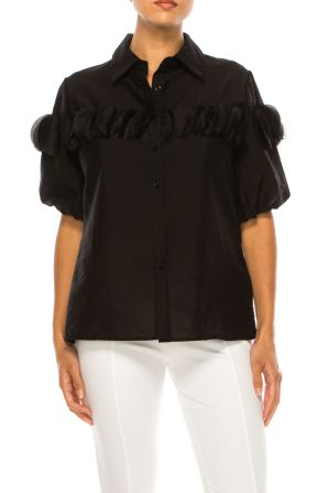 Vivid Petal Applique Puff Sleeve Button Down Top