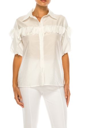 Vivid Petal Applique Puff Sleeve Button Down Top