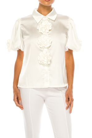 Vivid Floral Rosette Button Down Short Sleeve Top