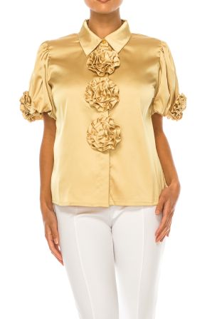 Vivid Floral Rosette Button Down Short Sleeve Top