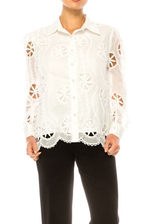 Vivid Long Sleeve Embroidered Flower Cutout Shirt