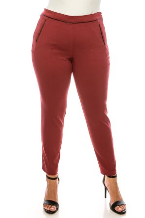 Zac & Rachel 4 Pocket Slim Ankle Pull On Pants with Pleather Piping Detail
