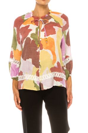 Zac & Rachel Tie Neck Button Down Peasant Top
