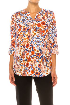 Zac & Rachel Printed Roll-Up Sleeve Split-Neck Top