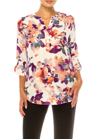 Zac & Rachel Printed Roll-Up Sleeve Split-Neck Top