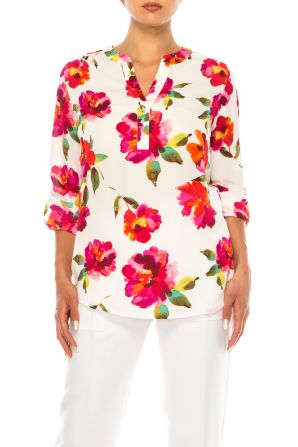 Zac & Rachel Printed Roll-Up Sleeve Split-Neck Top