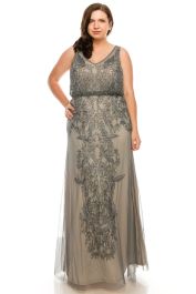 Adrianna Papell Pewter Silver Sleeveless Beaded Gown PLUS SIZE