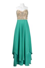 Decode Strapless Crystal Bead Embellished Bodice Layered Hem Chiffon Dress