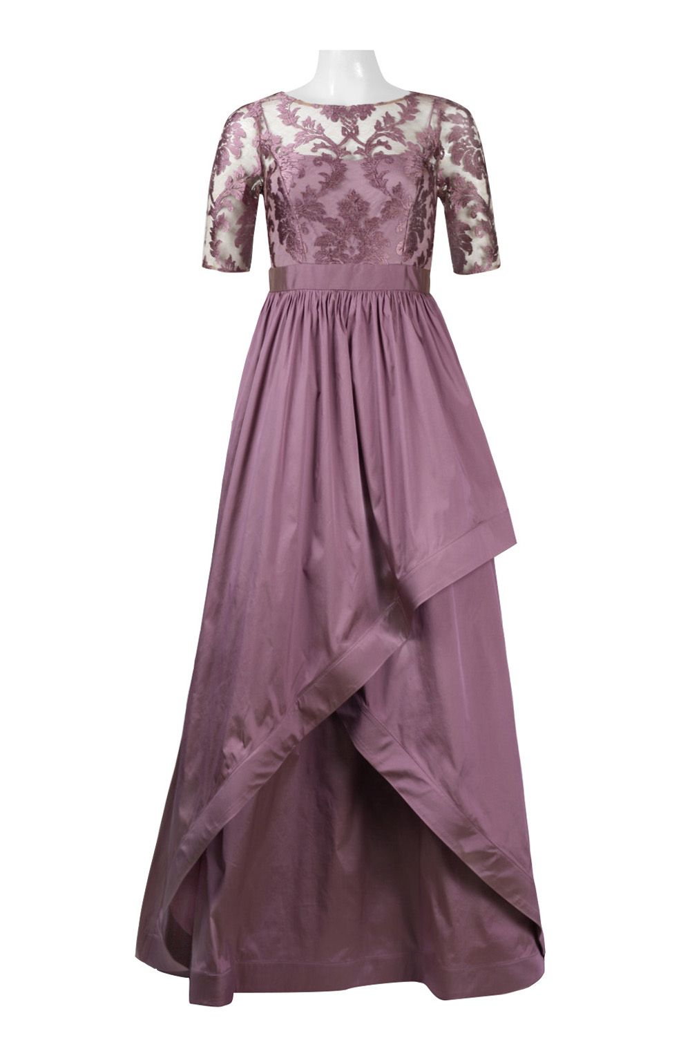 Adrianna Papell Boat Neck 3 4 Sleeve Illusion Keyhole Back Lace Bodice Banded Waist Taffeta Dress