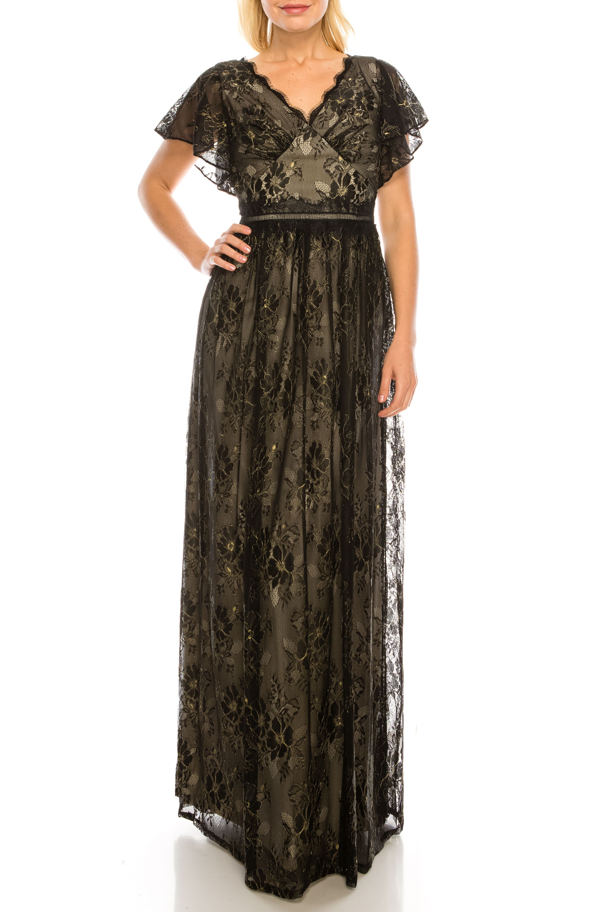 Adrianna Papell Black Gold Lace A Line Evening Dress