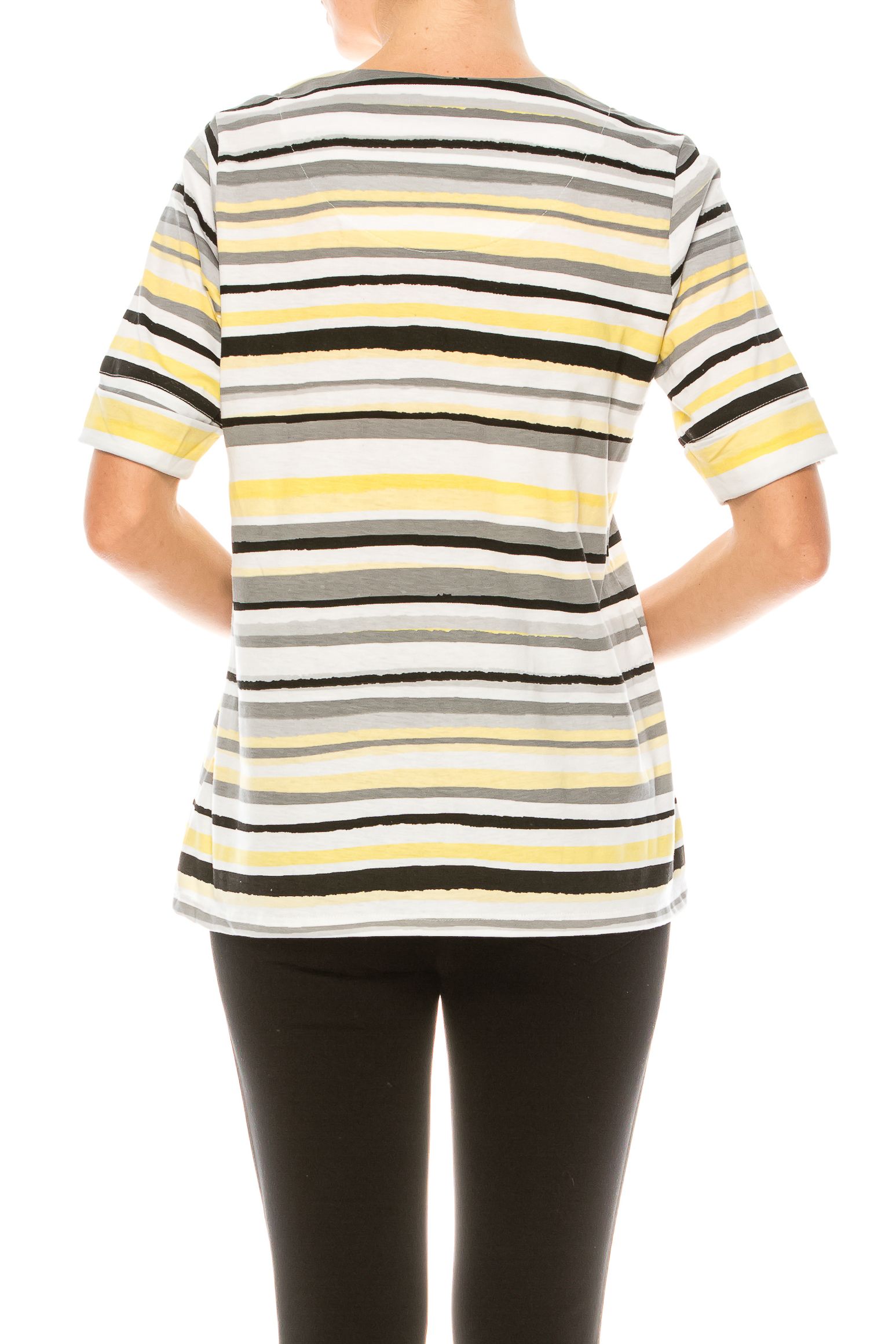 Allison Daley Yellow Grey Stripe Print Short Sleeve Relax Fit Top