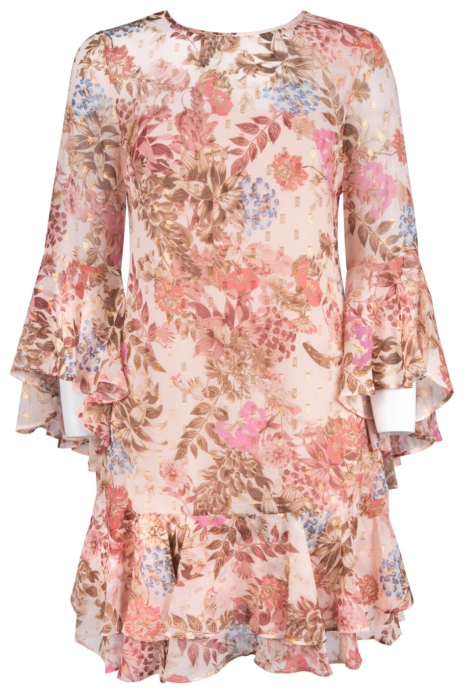 Eliza J Chiffon Bell Sleeve Tiered Floral Print Dress