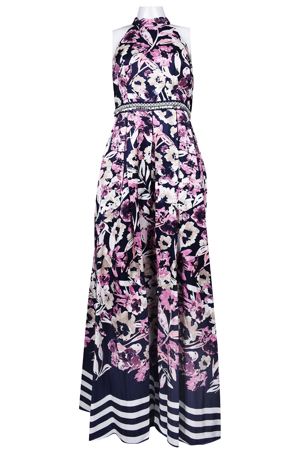 Ignite Evenings Halter Neckline Embellished Waist Floral Crepe A Line Dress