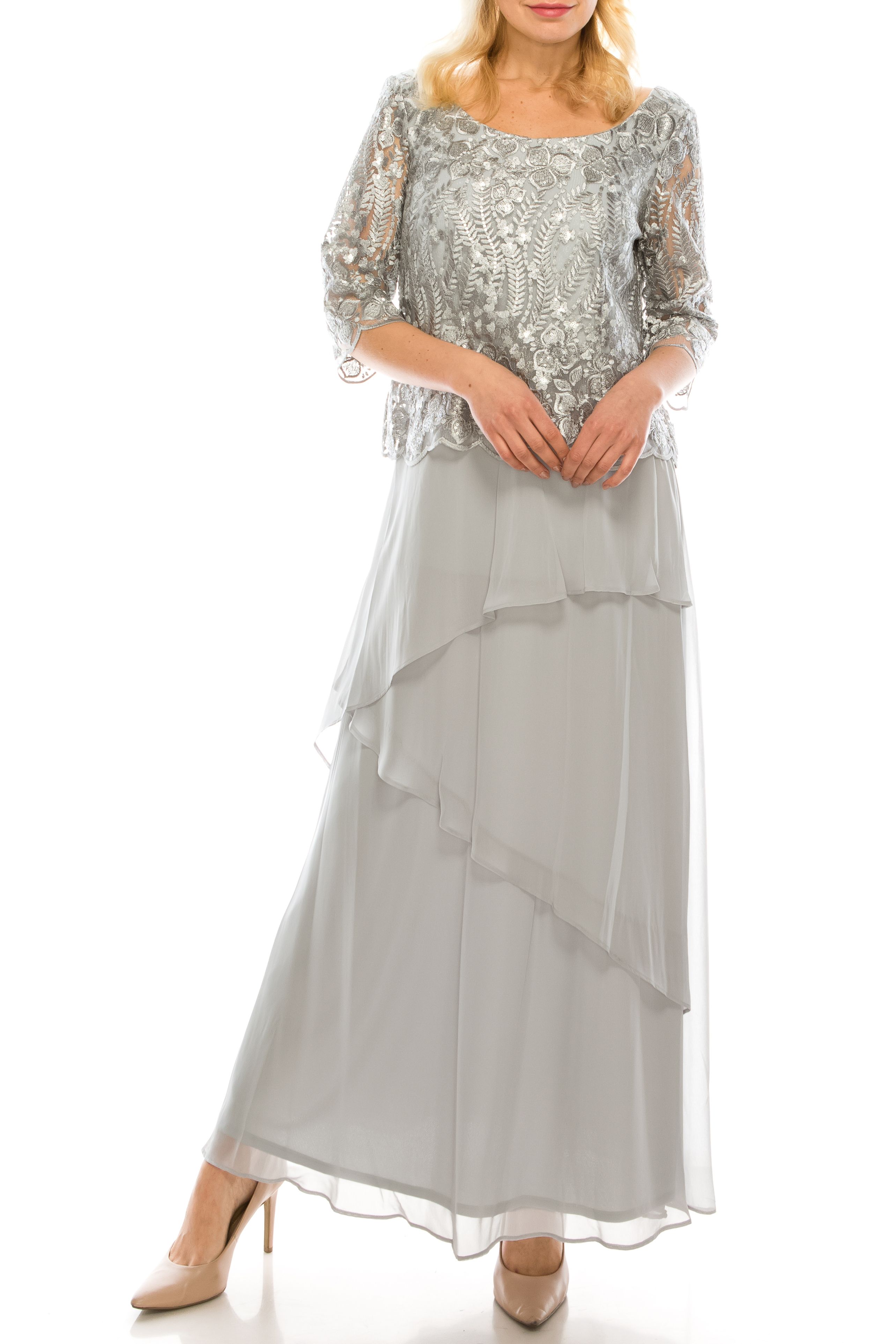 Le Bos Silver Sequined Embroidered Mesh Chiffon Long Evening