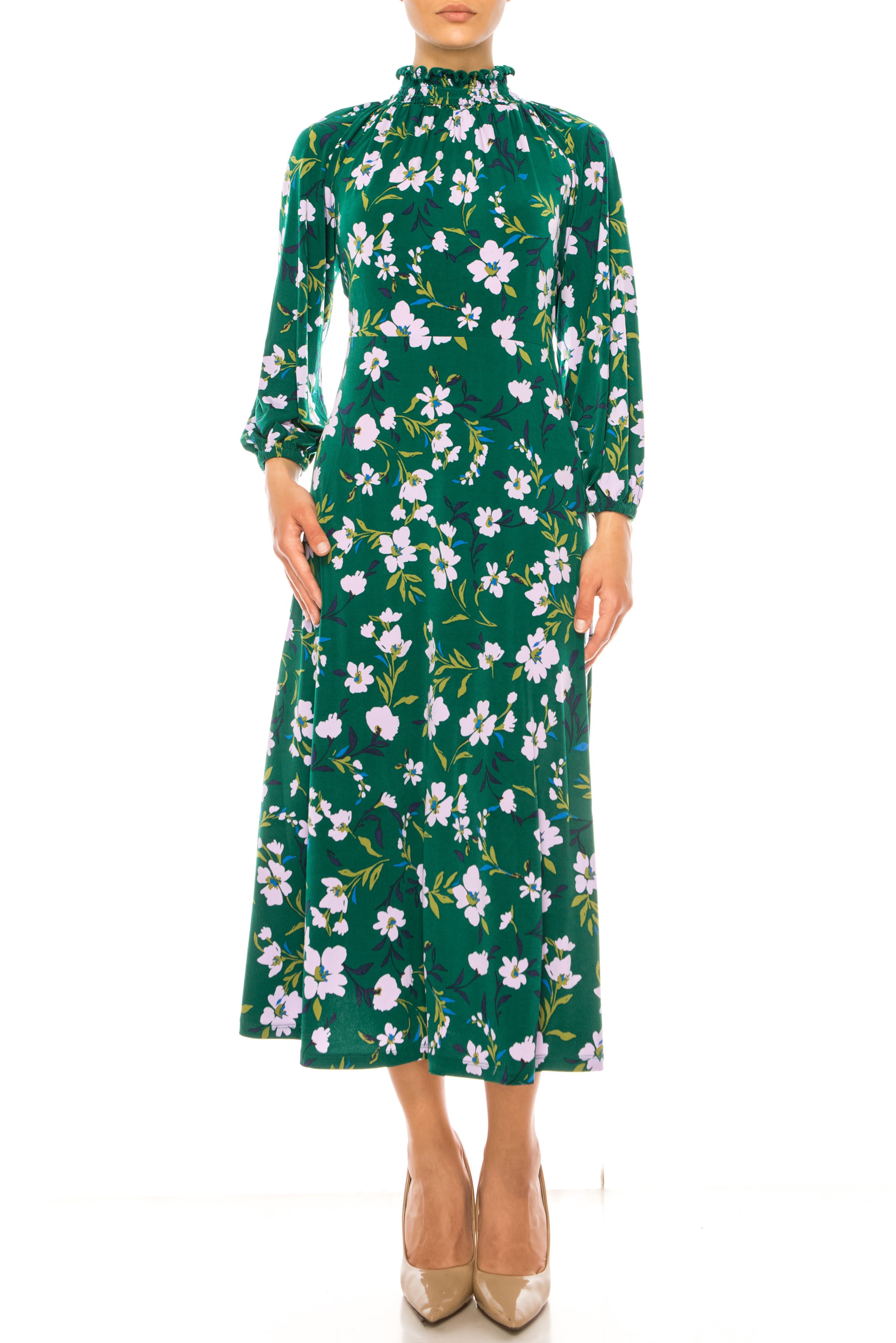 Maggy London Floral Mock Neck Midi Dress
