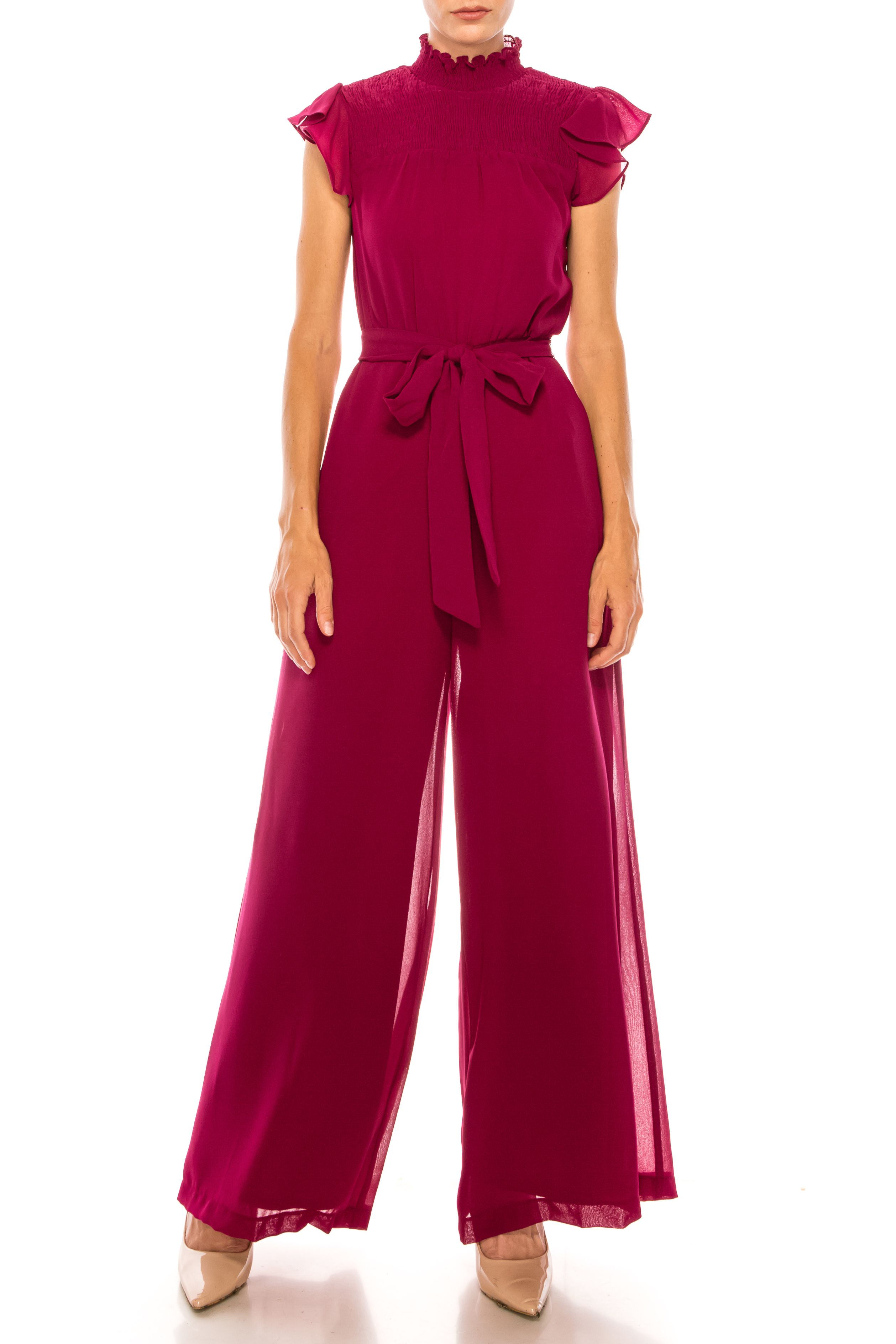 Maison Tara Cranberry Mock Neck Ruffle Cap Sleeve Wide Leg