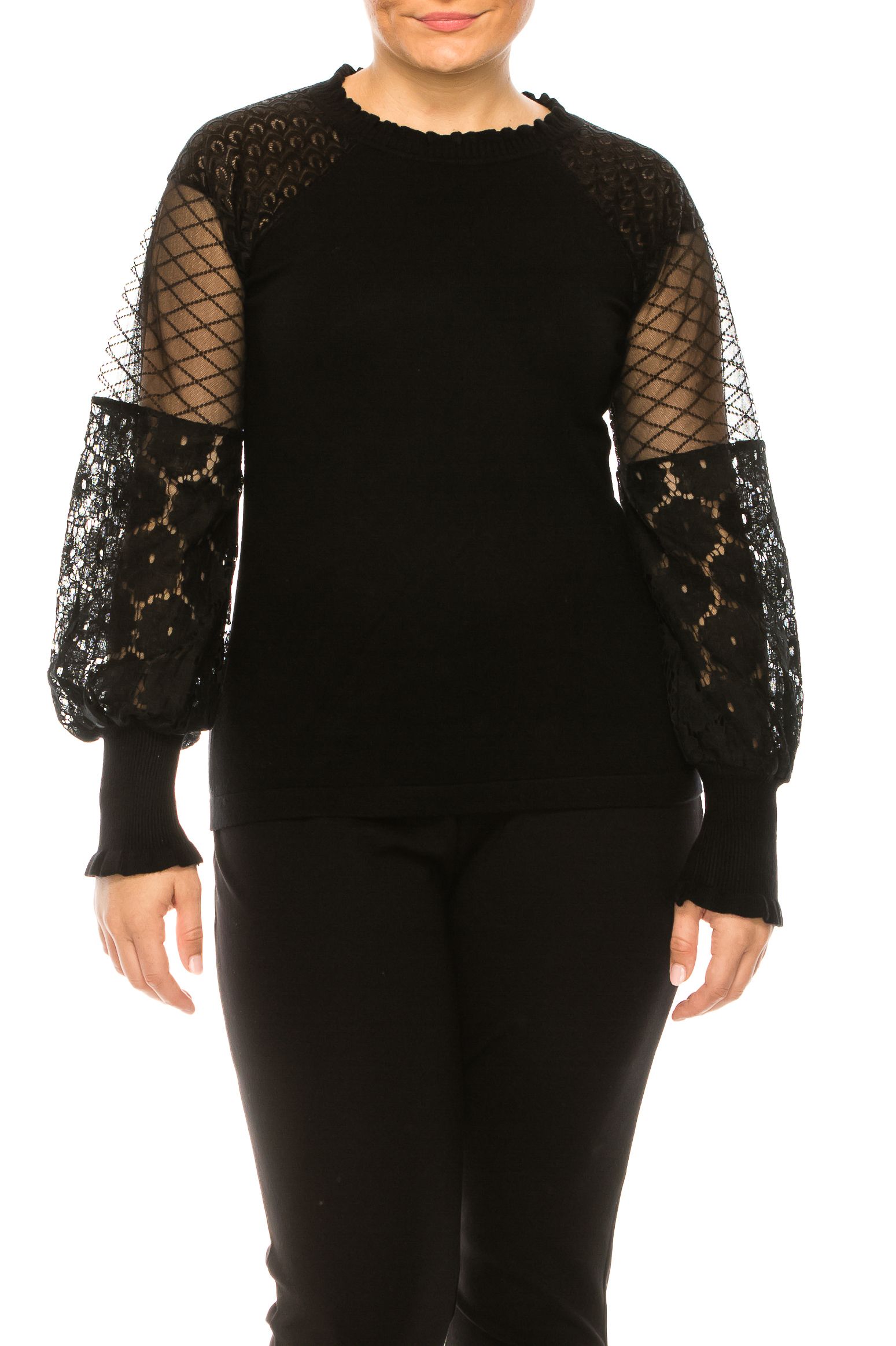 Adrianna Papell Women's Long Sleeve Lace Overlay Sweater - Relaxed Fit, Front Lace & Sleeve Detail, Rayon-Spandex Blend