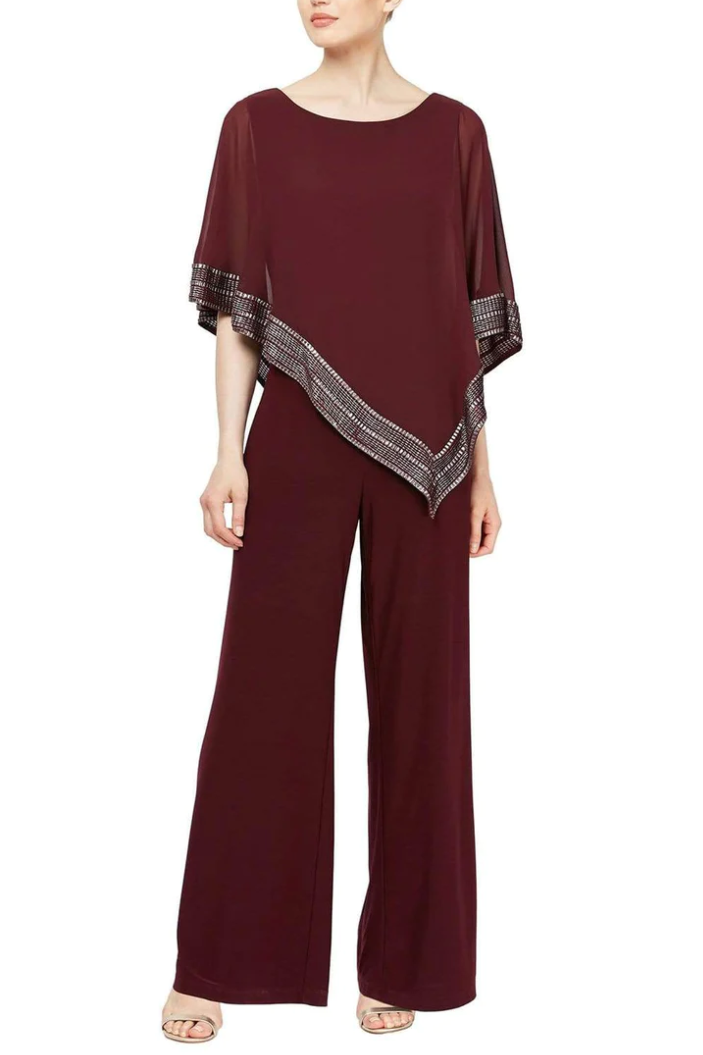 SLNY Attached Chiffon Cutout Cape Overlay Evening Jumpsuit